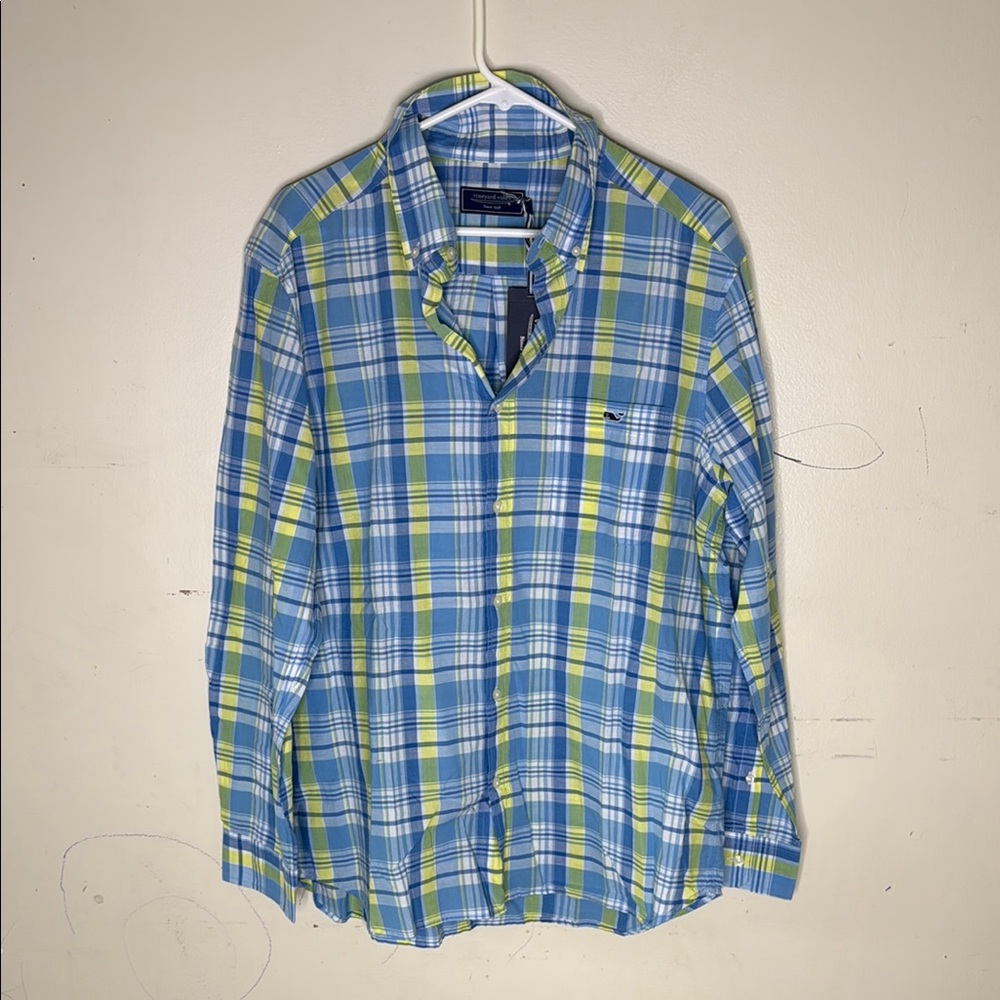 Vineyard Vines Blue Yellow White Classic Fit Plaid Madras Shirt Cotton Lg NEW